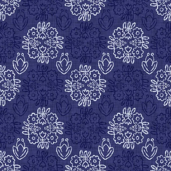 Indigo Blue Blume Block Print gefärbte Leinentextur Hintergrund. Nahtlos gewebter japanischer Swatch mit Batikmuster. Floral Organic Distressed Blur Block Print auf Textilien. — Stockfoto