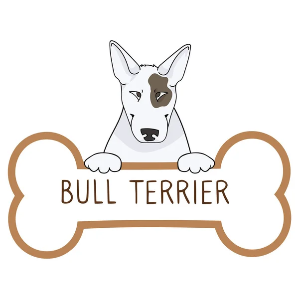 Yakalı köpek künyesi vektör klibinde şirin çizgi film Bull Terrier. Hayvan kimliği için safkan köpek kimlik madalyası. Evcil köpeğe karşı evcil köpek.. — Stok Vektör