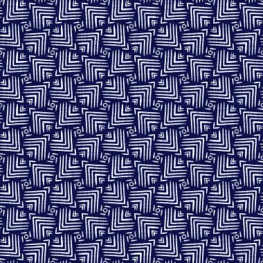 Kusursuz çivit geometrik doku. Donanma mavisi, jeo biçimli pamuk boyalı efekt arka planı. Japonlar soyut motif kalıplarına direniyor. Kumaşın her yerinde Asya füzyonu var..