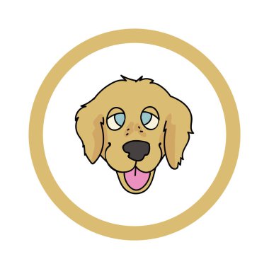 Daire şeklindeki köpek vektörüyle çizilmiş şirin bir Golden Retriever yüzü. Köpek kulübümüz için soylu köpek yavrusu. Evcil hayvan salonu için safkan evcil köpek eğitimi. Çizim maskotu. İzole köpek.. 
