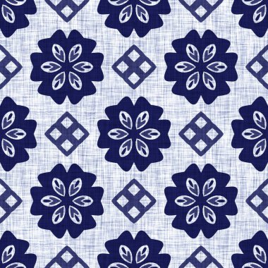 İndigo mavisi çiçek bloğu boyanmış keten desenli arka plan. Kusursuz örülmüş Japonlar batik kumaş örneklerini tekrarlıyorlar. Çiçeksel organik bulanık blok izleri tekstilin her yerinde.