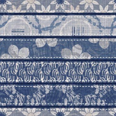 Denim mavisi yamalı örgü dokusu. Eski model baskılı pamuk tekstil efekti. Yamalı kot ev dekorasyonu yumuşak mobilya arka planı. Kumaş baskı malzemesinin her tarafına sccandi yorgan dikişi atılmış..