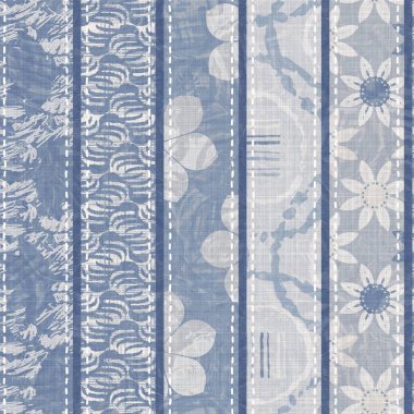 Pasaklı, şık Fransız, gri, mavi keten yama şeritli. Grunge eski yama tekstil efektlerini yıkadı. Kır tarzı ev dekorasyonu yumuşak mobilyalar, dekoratif yastık ya da kumaşın her tarafına yapıştırılmış.. 