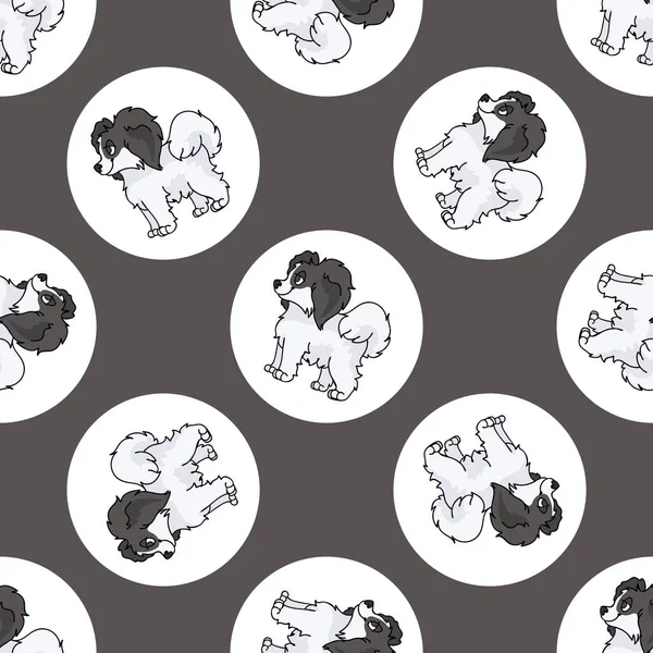 Elle çizilmiş şirin Papillon köpek yavrusu noktasız vektör deseninde. Purebread soya kökü evcil ve noktalı bir geçmişi var. Her yerde köpek sever oyuncak köpek var. Köpek kulübesi köpeği.. 