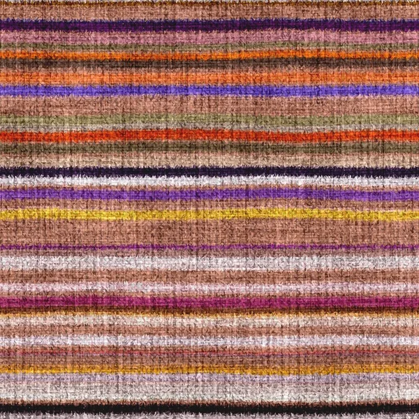 Variegated multicolor horizontal tapestry stripe woven texture. Space dyed watercolor effect knit striped background. Fuzzy thin grungy textile material. Tufted boucle carpet rug fabric effect. — Stock Photo, Image