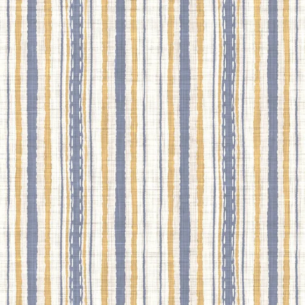 Seamless french blue yellow farmhouse style stripes texture. Woven linen cloth pattern background. Line striped closeup weave fabric for kitchen towel material. Pinstripe fiber picnic table cloth