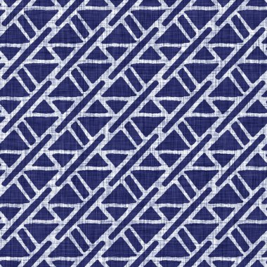 Kusursuz çivit geometrik doku. Donanma mavisi, jeo biçimli pamuk boyalı efekt arka planı. Japonlar soyut motif kalıplarına direniyor. Kumaşın her yerinde Asya füzyonu var..