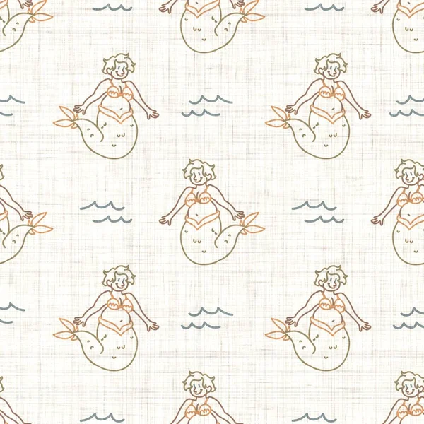 Seamless background sitting mermaid gender neutral baby pattern. Simple whimsical minimal earthy color. Kids nursery wallpaper or boho cartoon animal fashion.