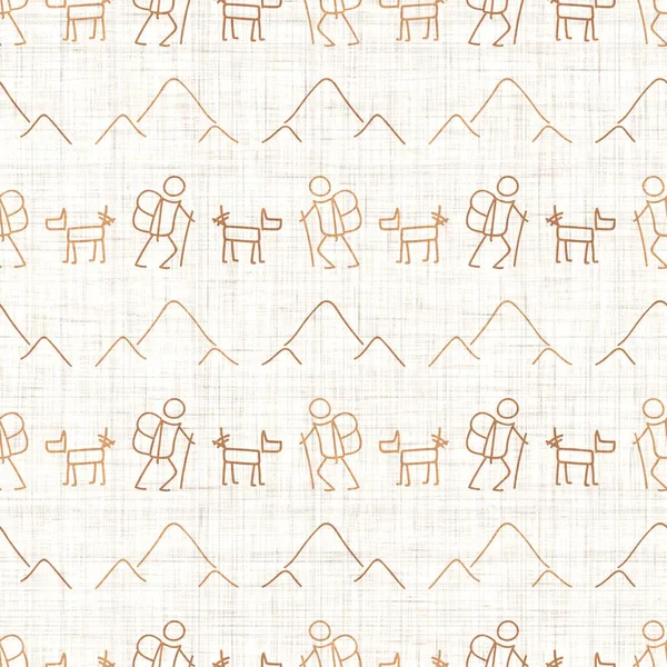 Seamless background stick figures hiking with dog gender neutral pattern. Whimsical minimal earthy 2 tone color. kids nursery wallpaper or boho cartoon camping fashion all over print.