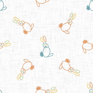 Sevimli tavşan çocuk karalama geçmişi. El çizimi tuhaf tavşan motifi kusursuz desen. Saf karakter karikatürü bebek modası, çocuk odası dekorasyonu, nötr unisex yapıştırma defteri.