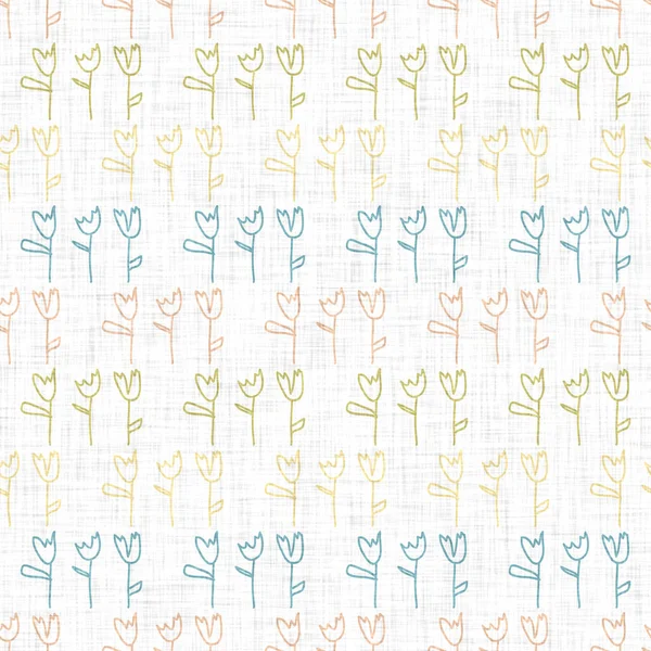 Cute rainbow flower scribble doodle background. Hand drawn whimsical garden motif seamless pattern. Naive simple crayon bloom for minimal baby fashion, nursery decor, unisex kid scrapbook paper. — Stock Photo, Image