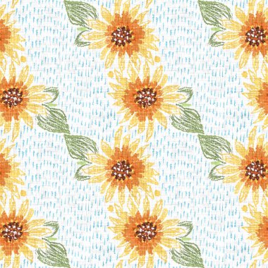 Suluboya ayçiçeği motifi arka planı. Elle boyanmış dünyevi, tuhaf, pürüzsüz desen. Yaz evi dekorasyonu için modern keten kumaş. Dekoratif Skandi stili baskının her yerinde renkli doğa
