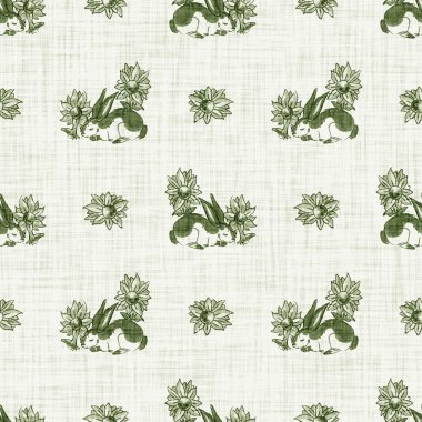 Tatlı bahar yeşil tavşan motifli suluboya arka plan. Elle boyanmış tuhaf, pürüzsüz desen. Bebek odası dekorasyonu için modern keten tekstil. Tarafsız, sessiz, scandi tarzı renk tavşanı..
