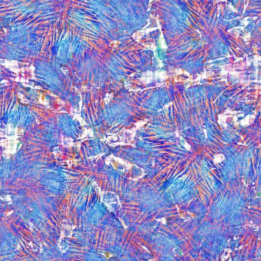 Kusursuz yaz boho 'su parmak izini sildi. Grunge hafif suluboya kolaj dokusu arka planı. Plaj desenli tekstil kumaşı. Boya mavisi, pastel, bulanık, püre, her yerde arıza var. 