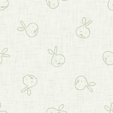 Sevimli tavşan yeşil karalama arka planı. El çizimi tuhaf tavşan motifi kusursuz desen. Saf karakter karikatürü bebek modası, çocuk odası dekorasyonu, nötr unisex yapıştırma defteri.