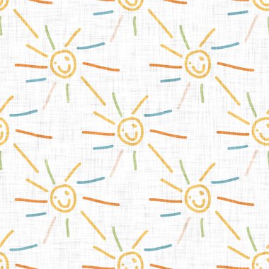 Sevimli gökkuşağı güneşi karalama arkaplanı çiziyor. Elle çizilmiş tuhaf motif kusursuz desen. Saf pastel boya stili, en az bebek modası, çocuk dekorasyonu, unisex çocuk albümü..