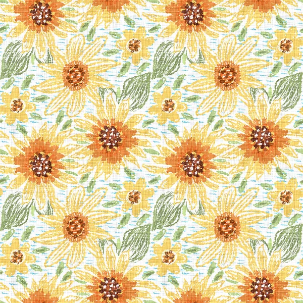Watercolor sunflower motif background. Hand painted earthy whimsical seamless pattern. Modern floral linen textile for spring summer home decor. Decorative scandi style colorful nature all over print — Stock Photo, Image