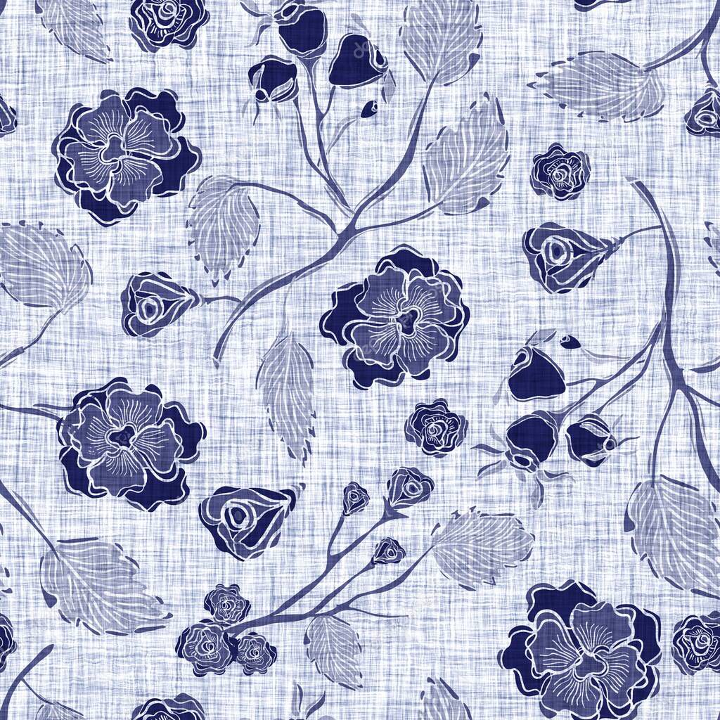 Indigo blue flower block print dyed linen texture background. Seamless woven japanese repeat batik pattern swatch. Floral organic distressed blur block print all over textile.