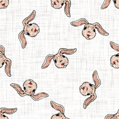 Tatlı suluboya bahar tavşanı motifli arka plan. Elle boyanmış dünyevi, tuhaf, pürüzsüz desen. Bebek odası dekorasyonu için modern keten tekstil. Tarafsız, sessiz, scandi tarzı renk tavşanı..