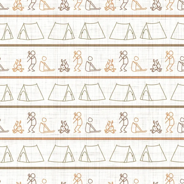 Seamless background campfire and tent gender neutral pattern. Whimsical minimal earthy 2 tone color. kids nursery wallpaper or boho cartoon camping fashion all over print.