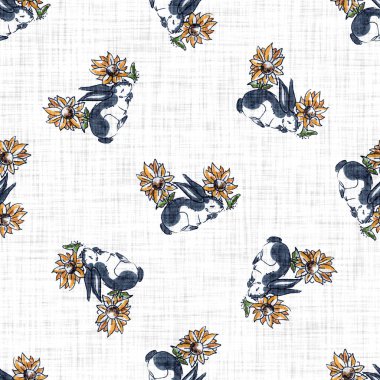 Tatlı suluboya bahar tavşanı motifli arka plan. Elle boyanmış dünyevi, tuhaf, pürüzsüz desen. Bebek odası dekorasyonu için modern keten tekstil. Tarafsız, sessiz, scandi tarzı renk tavşanı..