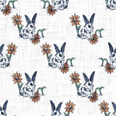 Tatlı suluboya bahar tavşanı motifli arka plan. Elle boyanmış dünyevi, tuhaf, pürüzsüz desen. Bebek odası dekorasyonu için modern keten tekstil. Tarafsız, sessiz, scandi tarzı renk tavşanı..