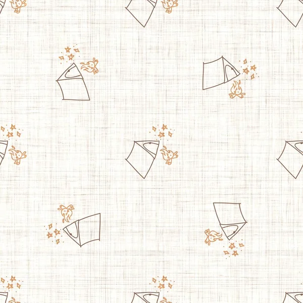 Seamless background campfire and tent gender neutral pattern. Whimsical minimal earthy 2 tone color. kids nursery wallpaper or boho cartoon camping fashion all over print. — Stock Photo, Image