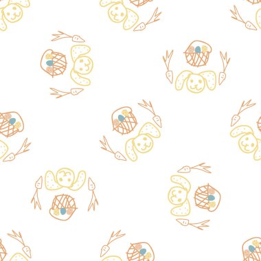 Tatlı pastel boya, paskalya tavşanı çocuk karalama geçmişi. Elle çizilmiş dünyevi motif, pürüzsüz desen. Bebek odası dekoru için basit bir karakter çizgi filmi. Tarafsız scandi biçimi unisex