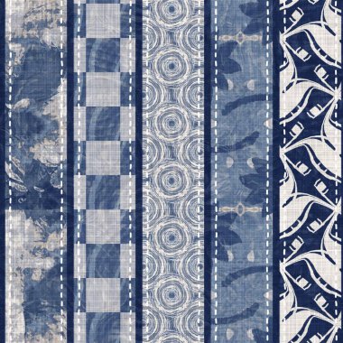 Denim mavisi yamalı örgü dokusu. Eski model baskılı pamuk tekstil efekti. Yamalı kot ev dekorasyonu yumuşak mobilya arka planı. Kumaş baskı malzemesinin her tarafına sccandi yorgan dikişi atılmış..