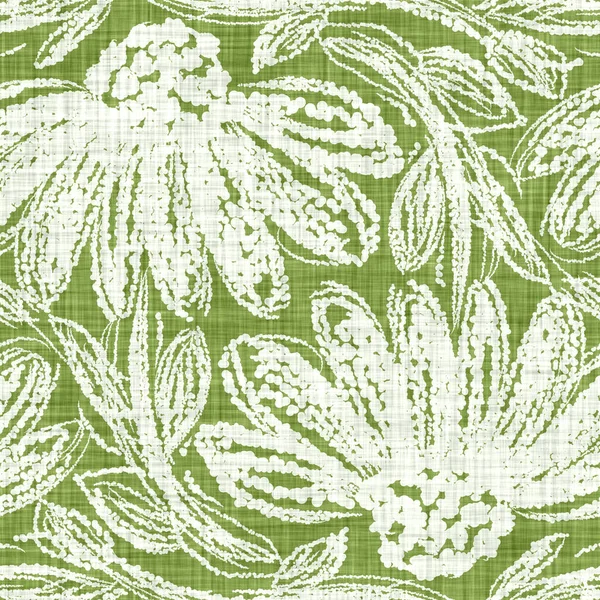 Watercolor green flower motif background. Hand painted earthy whimsical seamless pattern. Modern floral linen textile for spring summer home decor. Decorative scandi style nature all over print