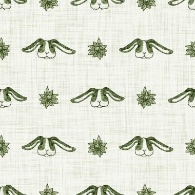 Tatlı bahar yeşil tavşan motifli suluboya arka plan. Elle boyanmış tuhaf, pürüzsüz desen. Bebek odası dekorasyonu için modern keten tekstil. Tarafsız, sessiz, scandi tarzı renk tavşanı..