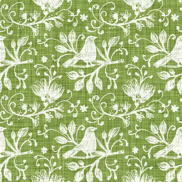 Latar belakang motif burung hijau air. Tangan dicat dengan pola aneh tak terlihat. Modern kain linen tekstil modern untuk dekorasi rumah musim panas. Gaya scandi dekoratif alam seluruh cetakan — Stok Foto
