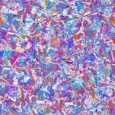 Kusursuz yaz boho 'su parmak izini sildi. Grunge hafif suluboya kolaj dokusu arka planı. Plaj desenli tekstil kumaşı. Boya mavisi, pastel, bulanık, püre, her yerde arıza var. 