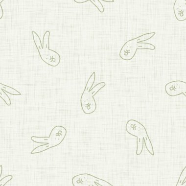 Sevimli tavşan yeşil karalama arka planı. El çizimi tuhaf tavşan motifi kusursuz desen. Saf karakter karikatürü bebek modası, çocuk odası dekorasyonu, nötr unisex yapıştırma defteri.
