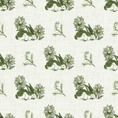 Tatlı bahar yeşil tavşan motifli suluboya arka plan. Elle boyanmış tuhaf, pürüzsüz desen. Bebek odası dekorasyonu için modern keten tekstil. Tarafsız, sessiz, scandi tarzı renk tavşanı..