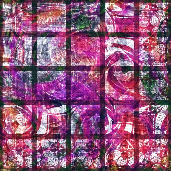 Kolorowe letnie mozaiki kwadratowe tkane tekstury. Grunge vintage drukowane boho bawełniany efekt włókienniczy. Naprawiony wystrój domu miękkie tło meblowe. Cygański szew kołdry na całym materiale druku tkaniny. — Zdjęcie stockowe