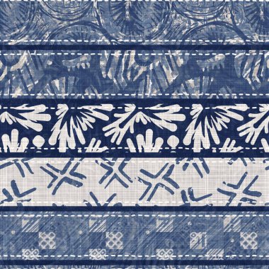 Denim mavisi yamalı örgü dokusu. Eski model baskılı pamuk tekstil efekti. Yamalı kot ev dekorasyonu yumuşak mobilya arka planı. Kumaş baskı malzemesinin her tarafına sccandi yorgan dikişi atılmış..