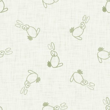 Sevimli tavşan yeşil karalama arka planı. El çizimi tuhaf tavşan motifi kusursuz desen. Saf karakter karikatürü bebek modası, çocuk odası dekorasyonu, nötr unisex yapıştırma defteri.