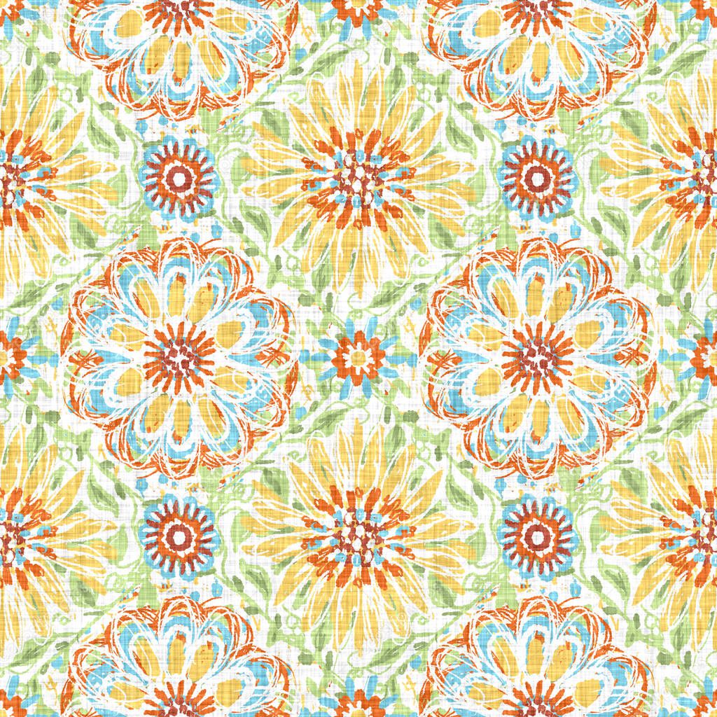 Watercolor flower motif background. Hand painted earthy whimsical seamless pattern. Modern floral linen textile for spring summer home decor. Decorative scandi style colorful nature all over print