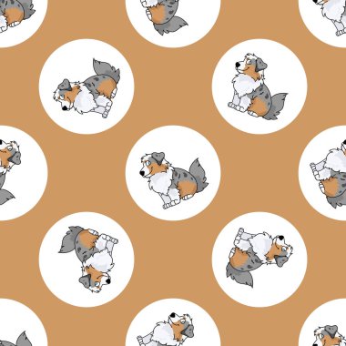 El çizimi şirin Avustralya çoban köpeği polka noktasız vektör deseninde ürer. Özgeçmişinde safkan bir çiftlik köpeği var. Köpek sever çoban köpeği her yerde. Köpek kulübesi köpeği.. 
