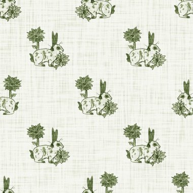 Tatlı bahar yeşil tavşan motifli suluboya arka plan. Elle boyanmış tuhaf, pürüzsüz desen. Bebek odası dekorasyonu için modern keten tekstil. Tarafsız, sessiz, scandi tarzı renk tavşanı..