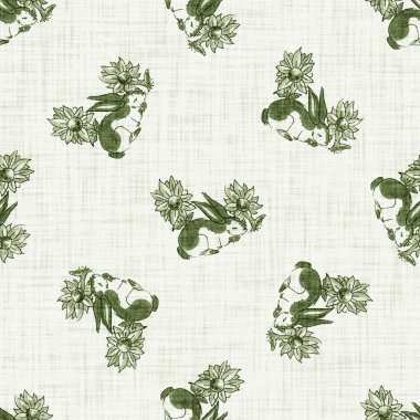 Tatlı bahar yeşil tavşan motifli suluboya arka plan. Elle boyanmış tuhaf, pürüzsüz desen. Bebek odası dekorasyonu için modern keten tekstil. Tarafsız, sessiz, scandi tarzı renk tavşanı..