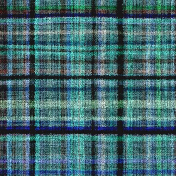 Variegated multicolor tapestry plaid woven texture. Space dyed watercolor effect knit check background. Fuzzy thin grungy textile material. Tufted boucle carpet rug fabric effect.