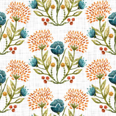 Suluboya çiçek motifi arka planı. Elle boyanmış dünyevi, tuhaf, pürüzsüz desen. Yaz evi dekorasyonu için modern keten kumaş. Dekoratif Skandi stili baskının her yerinde renkli doğa