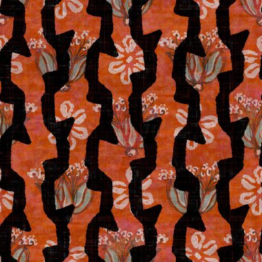 Kusursuz koyu renkli simge şeritli blok parmak izi. Boho etnik yumuşak döşeme kumaşı tarzı. Boya dekoratif zig zag motifli tekstil. Grunge Kış Bulanık Raster JPG örnekleri her yerde.