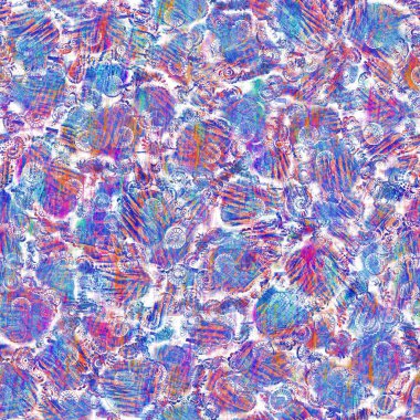 Kusursuz yaz boho 'su parmak izini sildi. Grunge hafif suluboya kolaj dokusu arka planı. Plaj desenli tekstil kumaşı. Boya mavisi, pastel, bulanık, püre, her yerde arıza var. 