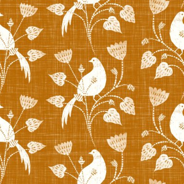 Suluboya turuncu kuş motifi arka plan. Elle boyanmış dünyevi, tuhaf, pürüzsüz desen. Bahar dekoru için modern keten kumaş. Dekoratif Skandi stili baskının her yerinde renkli doğa
