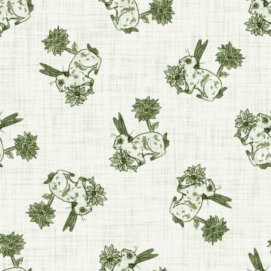 Tatlı bahar yeşil tavşan motifli suluboya arka plan. Elle boyanmış tuhaf, pürüzsüz desen. Bebek odası dekorasyonu için modern keten tekstil. Tarafsız, sessiz, scandi tarzı renk tavşanı..