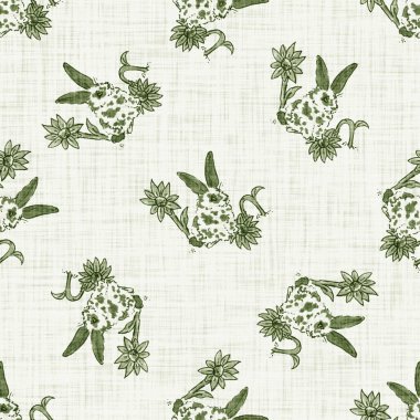 Tatlı bahar yeşil tavşan motifli suluboya arka plan. Elle boyanmış tuhaf, pürüzsüz desen. Bebek odası dekorasyonu için modern keten tekstil. Tarafsız, sessiz, scandi tarzı renk tavşanı..