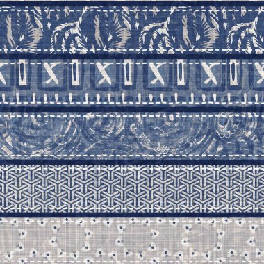 Denim mavisi yamalı örgü dokusu. Eski model baskılı pamuk tekstil efekti. Yamalı kot ev dekorasyonu yumuşak mobilya arka planı. Kumaş baskı malzemesinin her tarafına sccandi yorgan dikişi atılmış..